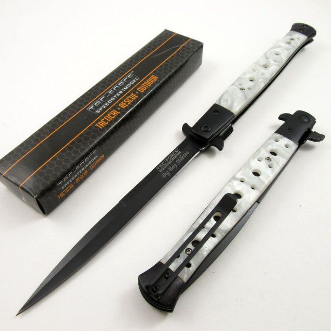 Couteau Pliant automatique Big Boy Stiletto Blanc Nacré Lame de 14.5 cm