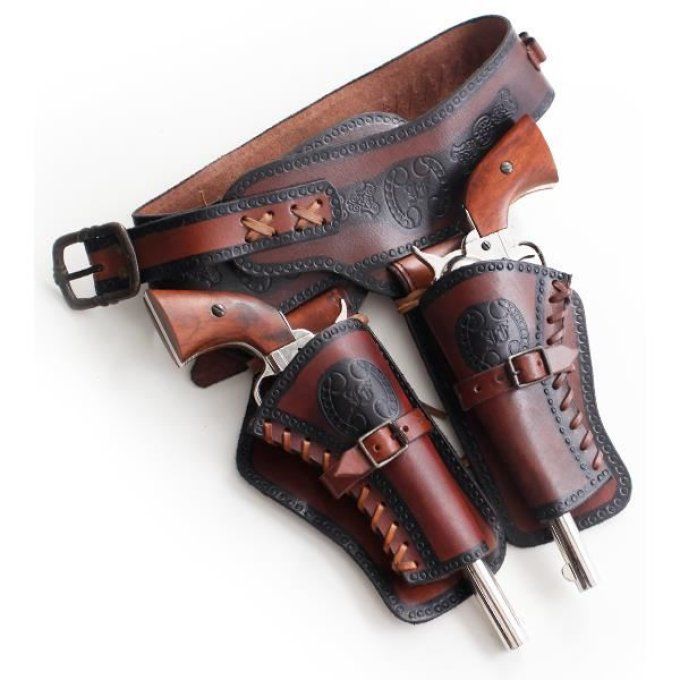 Ceinturon double holster marron + balles pour 2 revolvers western