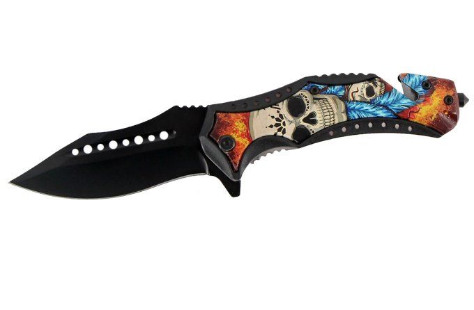 Couteau pliant 2 skulls avec plume bleu