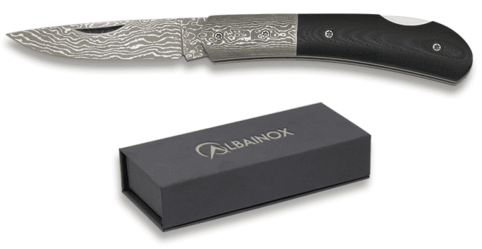 Couteau plian DAMASCUS  manche mikarta noir  lame de 6.40 cm