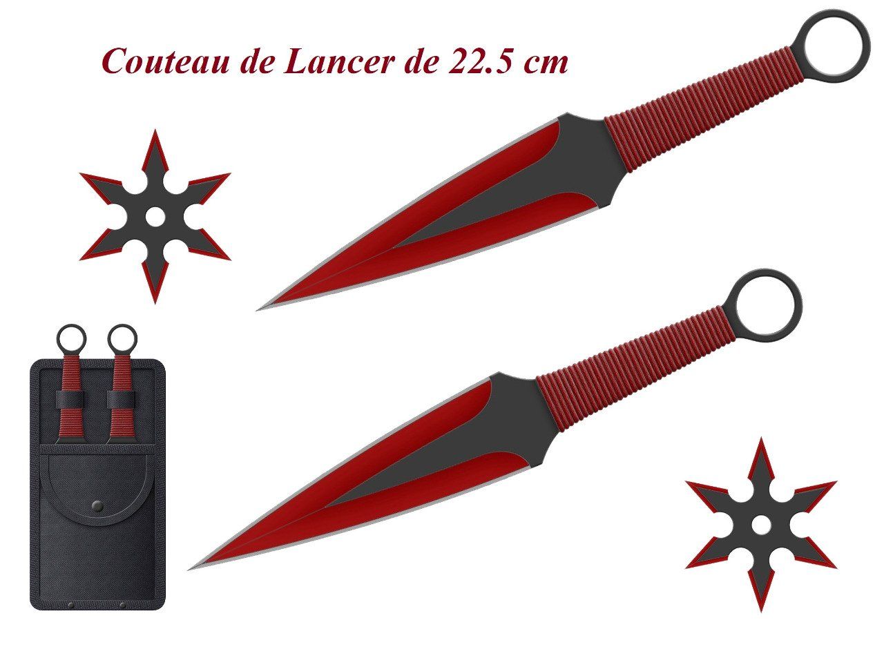 Set de 2 couteaux de lancer de 22.5 cm + 2 shuriken noir et rouge 