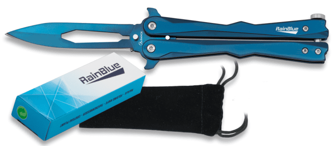 Couteau PAPILLON  « RAINBLUE » couleur bleu lame percé de 9.10 cm