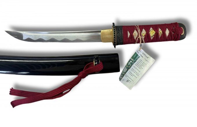 TANTO   Fudoshin noir et rouge  /  Lame DAMAS