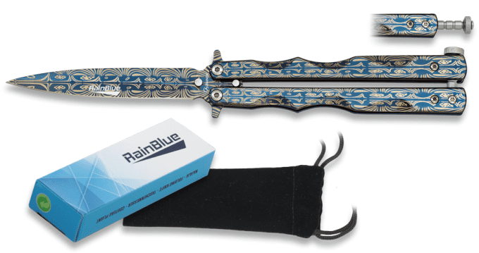 Couteau PAPILLON  « RAINBLUE » décor bleu et beige de 9.10 cm