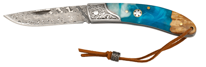 Couteau pliant DAMASCUS  manche bois et résine  lame de 7.30 cm