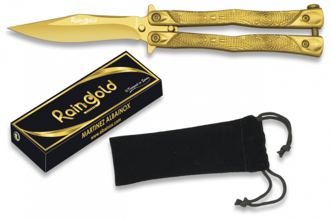Couteau PAPILLON  « RAINGOLD »  couleur OR manche gravé