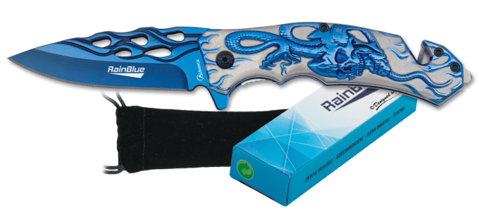 Couteau pliant tête de mort lame de 9 cm  « RainBlue » Lame perforé couleur bleu