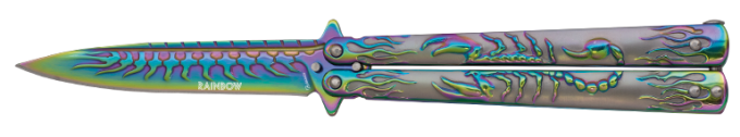 Couteau PAPILLON lame de 10.90 « RAINBOW  scorpion » couleur Arc en Ciel