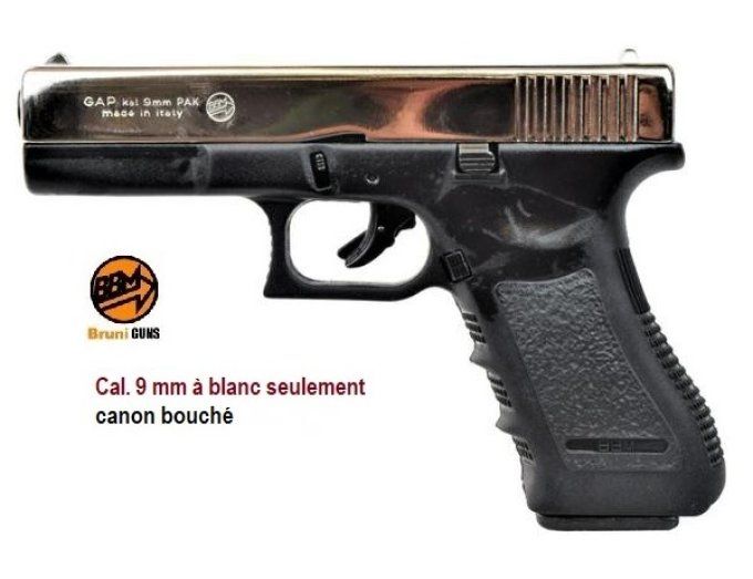 Pistolet Gap, réplique du Glock 17 Chromé Cal 9 mm à blanc uniquement