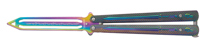 Couteau papillon D’entrainement raimbow  lame sculpté de  10.80 cm
