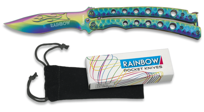 Couteau PAPILLON lame de 10 gravé flamme de 10  « RAINBOW  » couleur Arc en Ciel