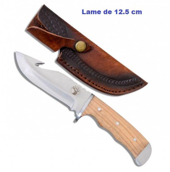 Couteau de chasse  décor Cerf avec Etui Cuir cousus bnois clair lame de 12.5  