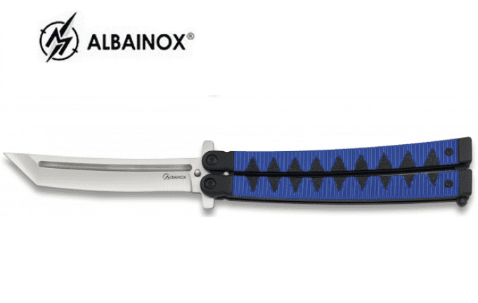 Couteau papillon manche Alu Bleu  lame Tanto de 10.3 cm