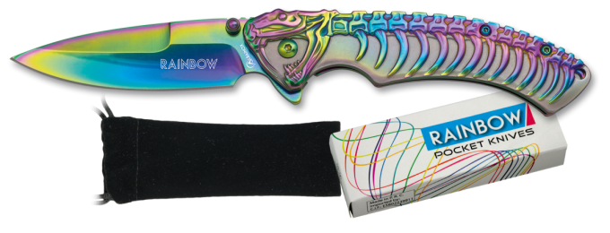 Couteau squelette dino lame de  8.60  « RAINBOW  » couleur Arc en Ciel