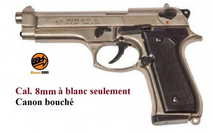 Pistolet BERETTA Nickelé Chrome à blanc  Mod 92 Cal. 8mm