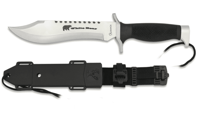 Couteau Tactical WHITE BEAR  chrome et Noir avec étui pour ceinture