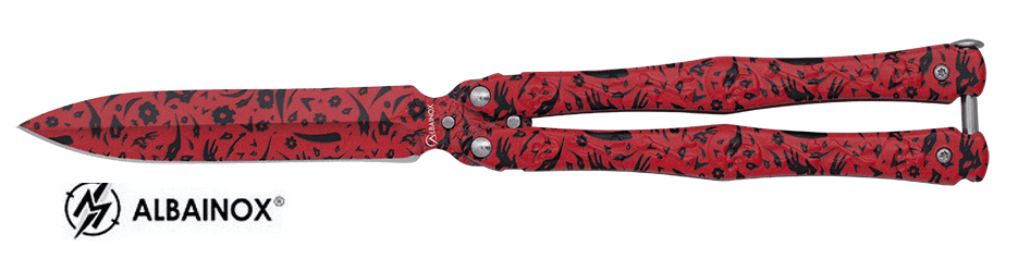 Couteau papillon rouge décor noir  lame de 10.5 cm