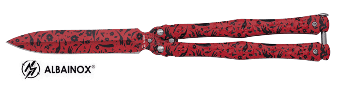Couteau papillon rouge décor noir  lame de 10.5 cm