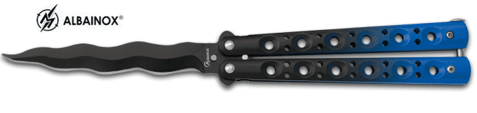 Couteau papillon bleu et noir  lame voilé de 10.60 cm