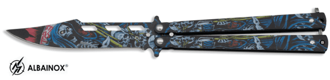Couteau papillon  skull fond bleu  lame de  10.00 cm