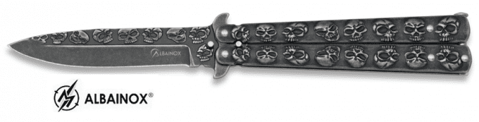 Couteau  papillon  skull en relief  lame de  10.50 cm