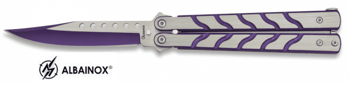 Couteau  papillon  violet et acier  lame de  09.50 cm