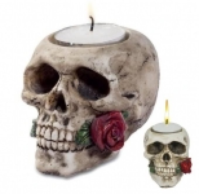 Bougeoir crane tête de mort avec rose