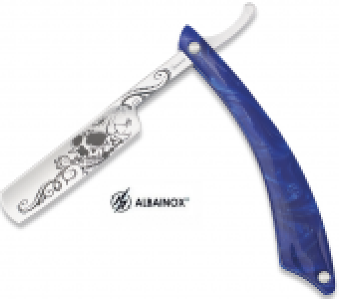 Couteau rasoir old Bleu lame skull de 8 cm